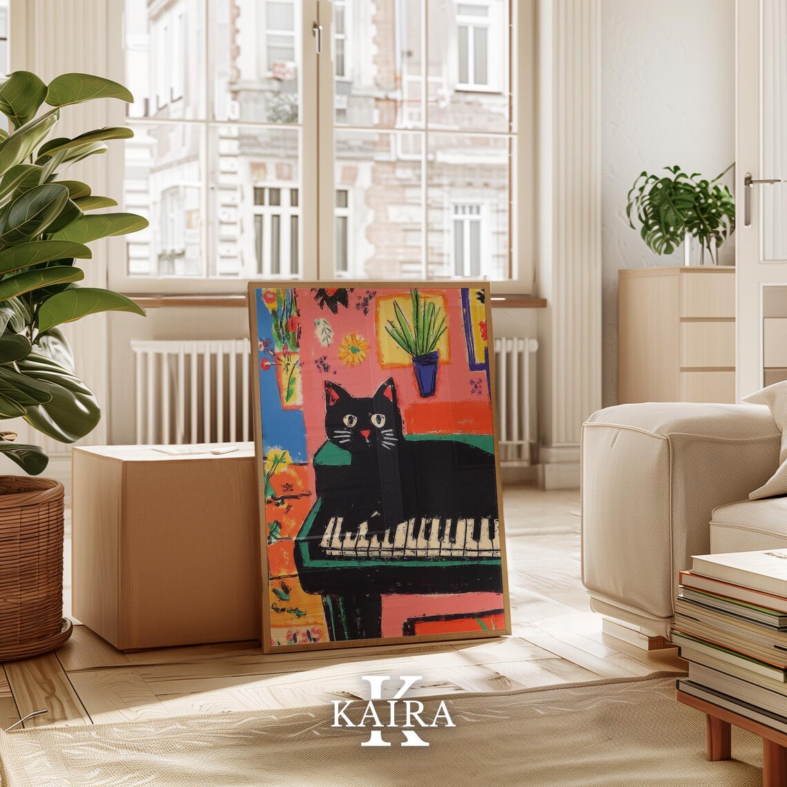 Black Cat Lounging Lazily Across Piano Keys in a Cozy Room Poster - Image 3