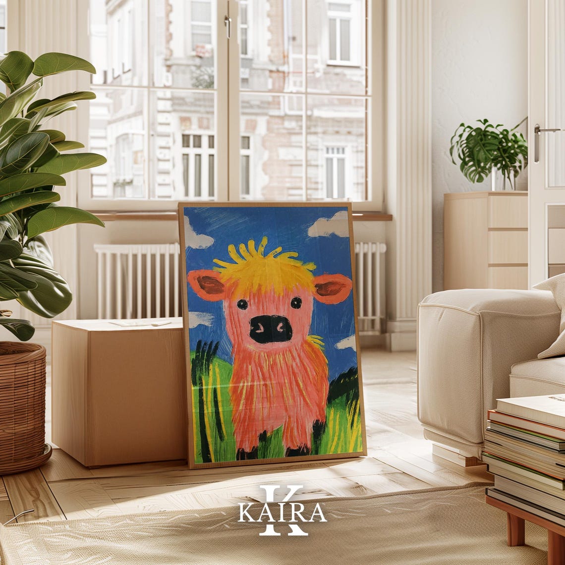 Fluffy Coral Highland Cow With a Yellow Forelock in a Field Poster - Image 3