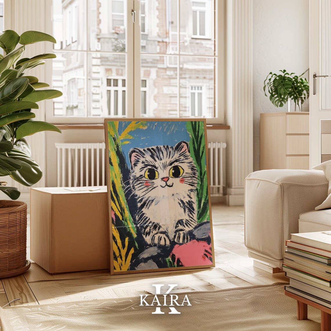 Wide Eyed Fluffy Tabby Kitten Peeking Out of Bright Greenery Poster - Image 2