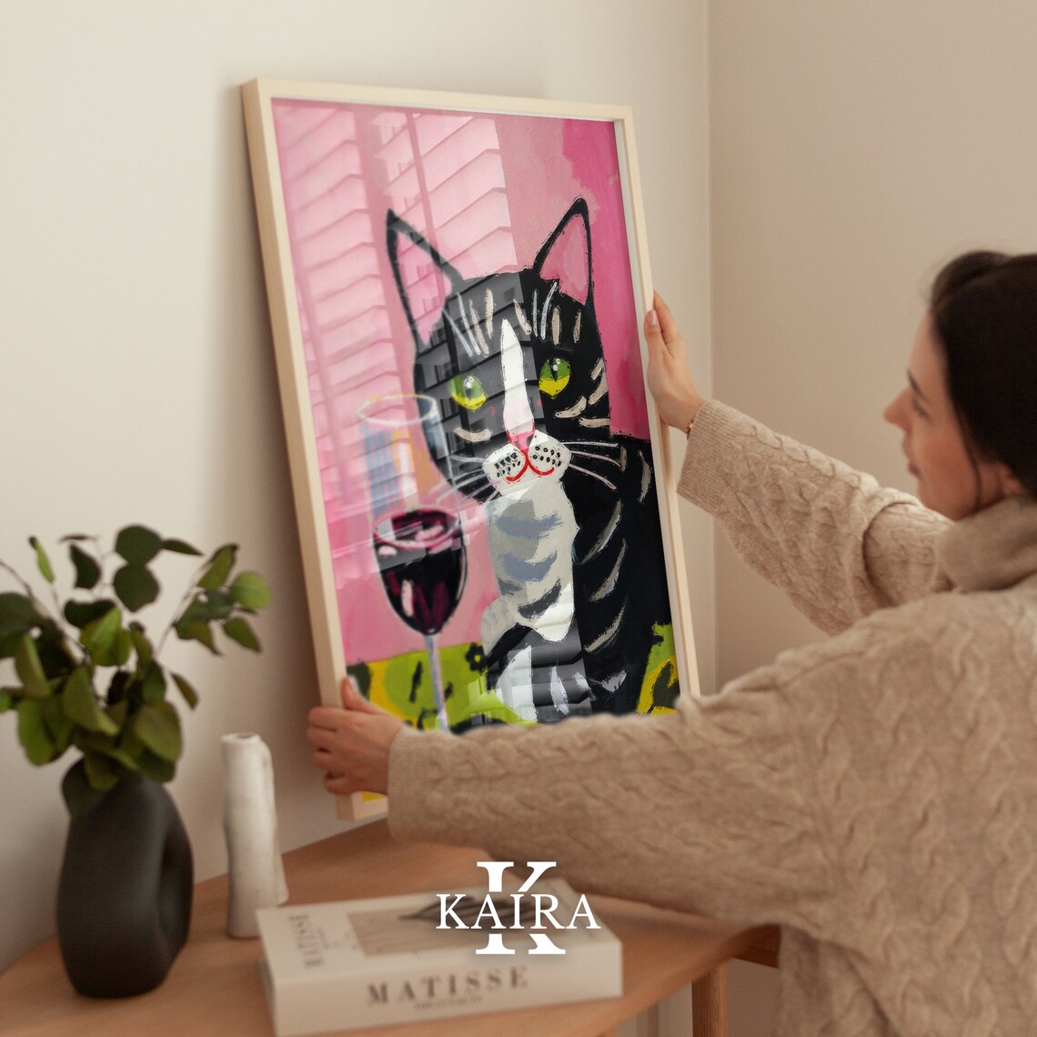 Black Tabby Cat With Green Eyes And A Glass Of Red Wine Poster - Image 5