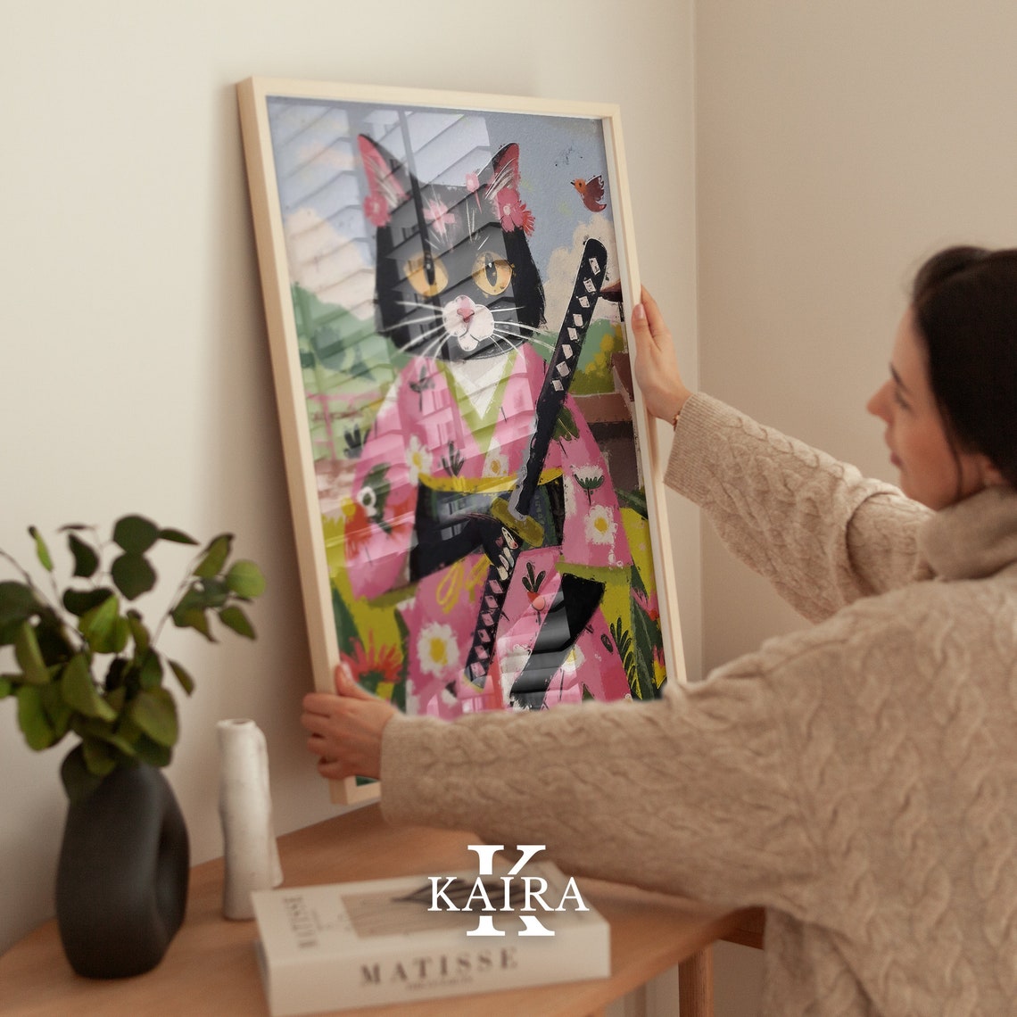 Black Cat Samurai In Pink Floral Kimono Japanese Warrior Art Poster - Image 3