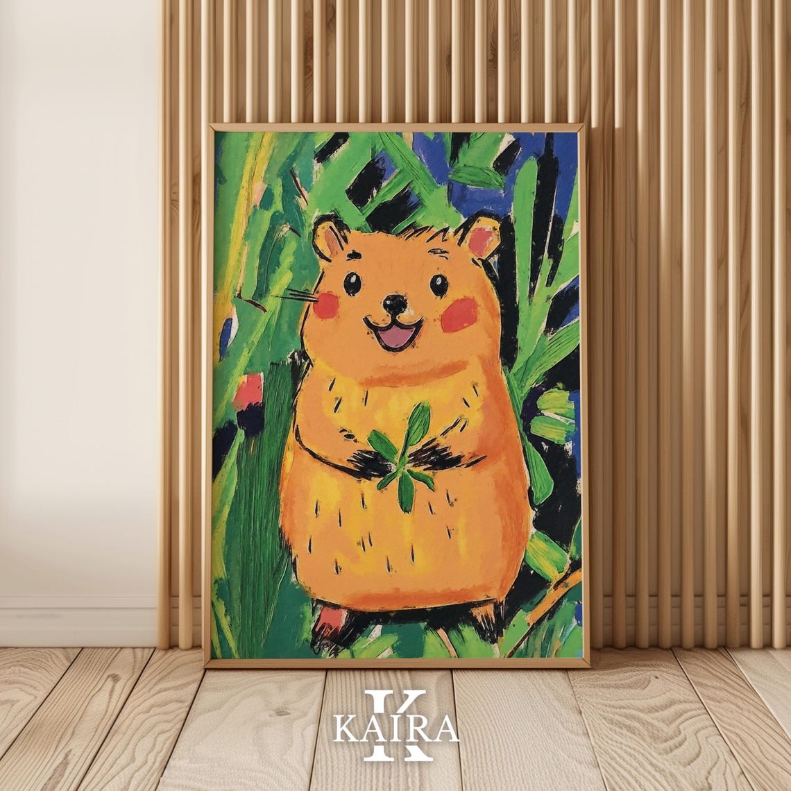 Smiling Orange Hamster Holding a Green Leaf Among Foliage Poster - Image 5