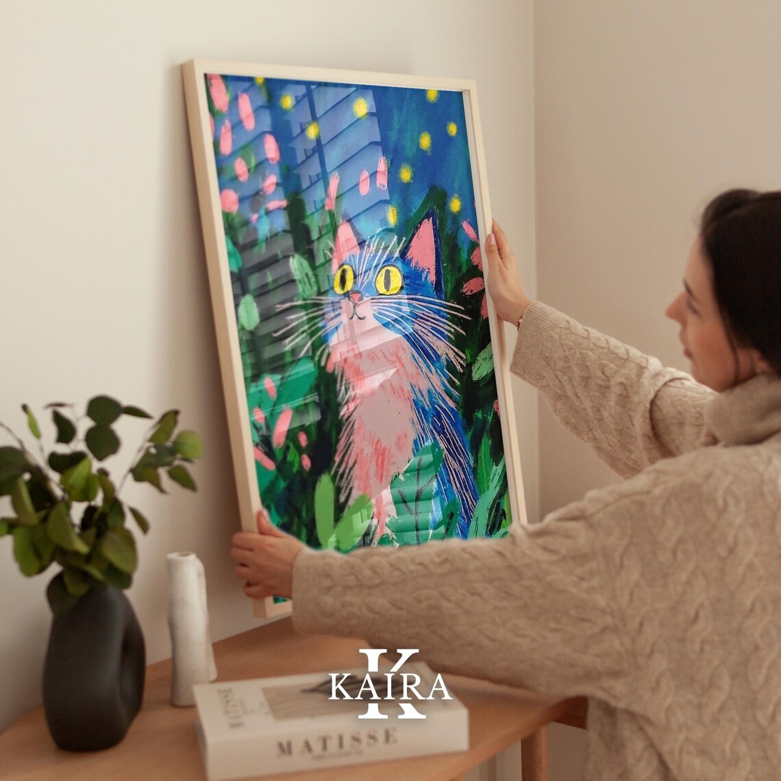 Pink and Blue Cat with Long Whiskers in a Night Garden Poster - Image 2