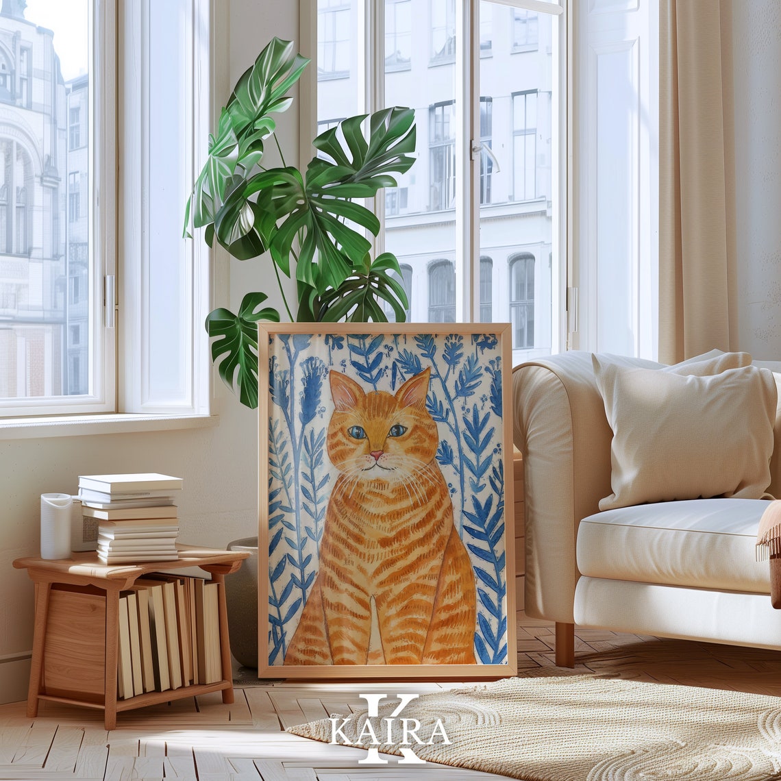 Ginger Tabby Cat Portrait With Blue Leaves Botanical Cat Poster - Image 5
