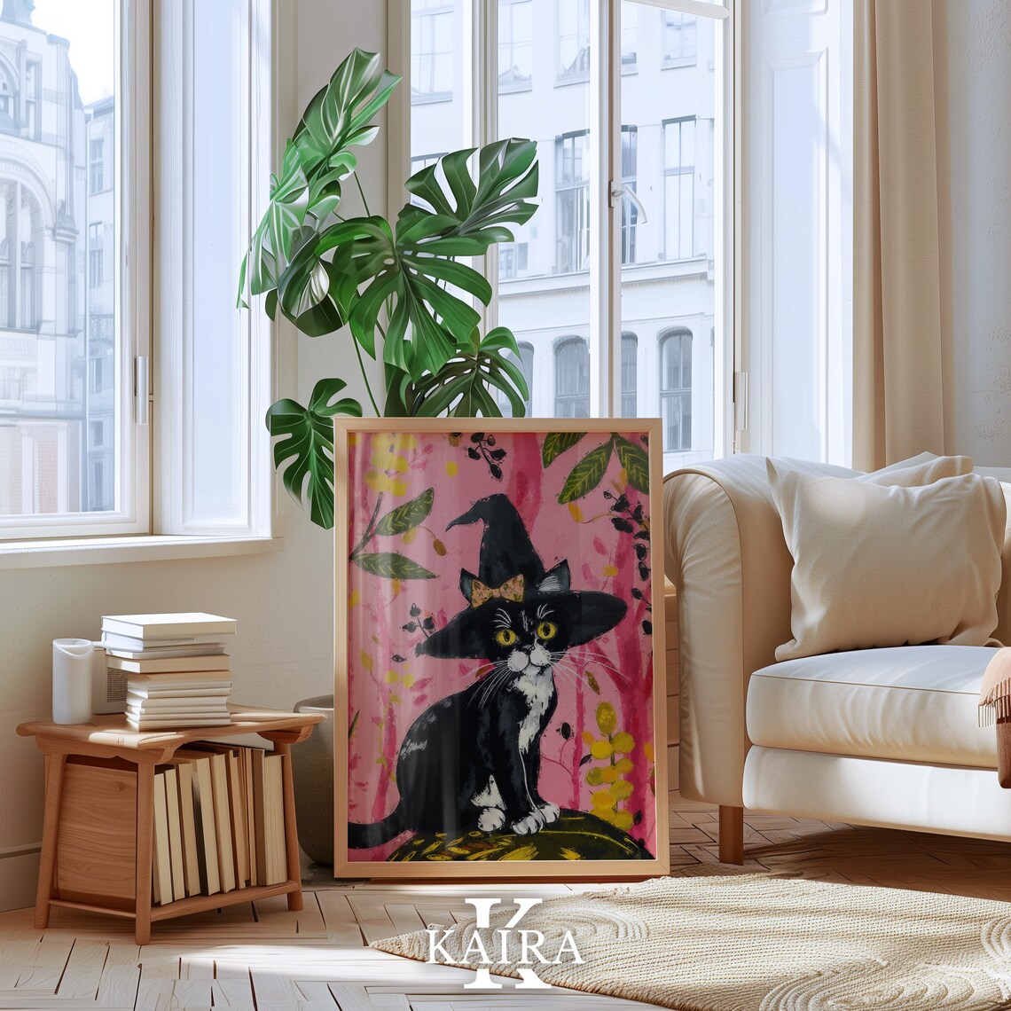 Tuxedo Kitten In Tall Witch Hat Sitting In A Pink Flower Garden Poster - Image 3