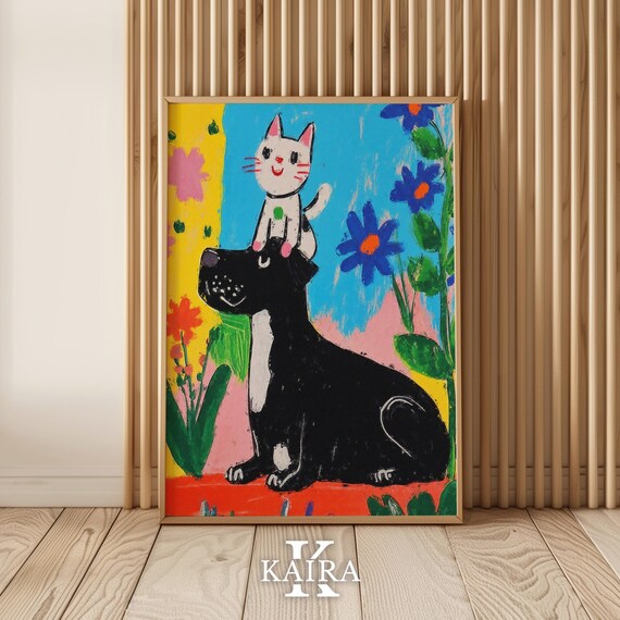 Happy White Cat Riding on a Big Black Dog Among Flowers Poster