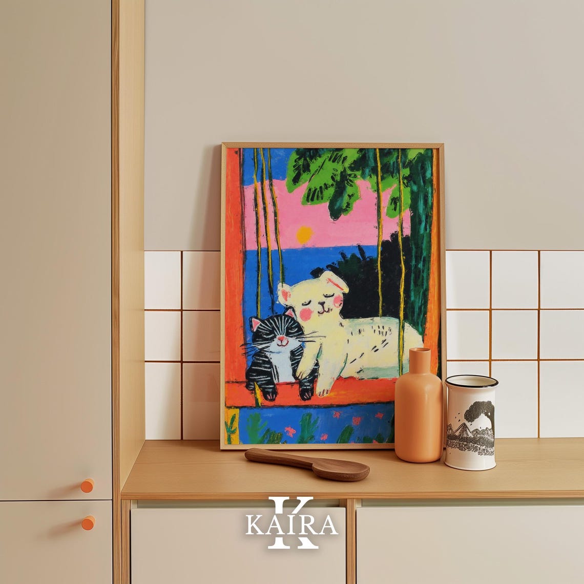 Cuddling Cat and Puppy on a Swing at a Seaside Sunset Poster - Image 5