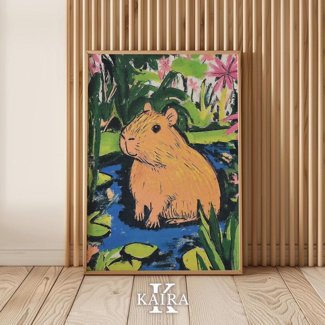 Relaxed Capybara Sitting by a Pond Full of Lily Pads and Blooms Poster - Image 5
