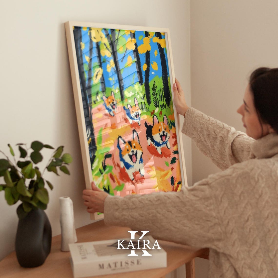 Four Happy Corgi Puppies Running Together Down a Forest Path Poster - Image 2