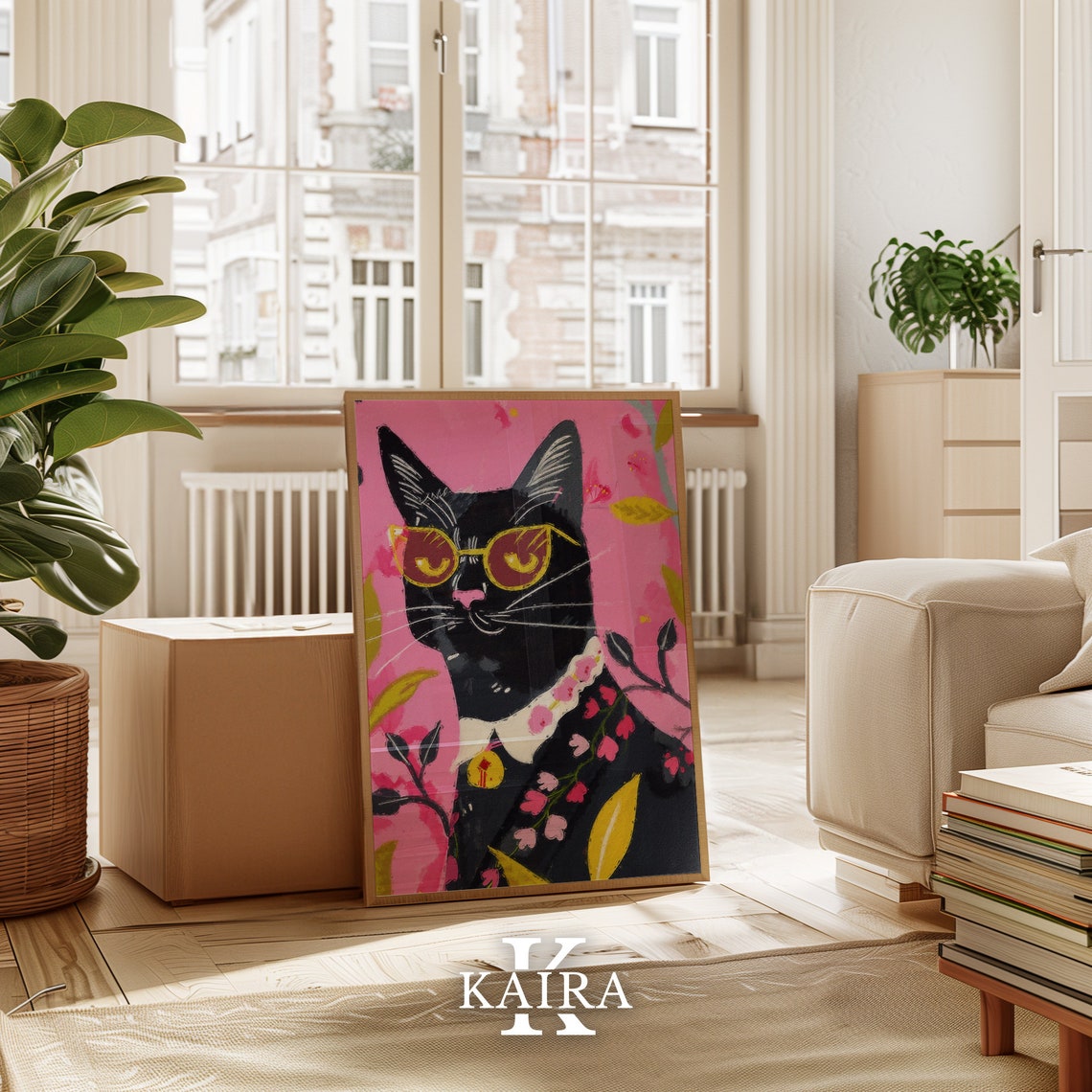 Cool Black Cat Wearing Yellow Sunglasses And Flower Lei Art Poster - Image 2