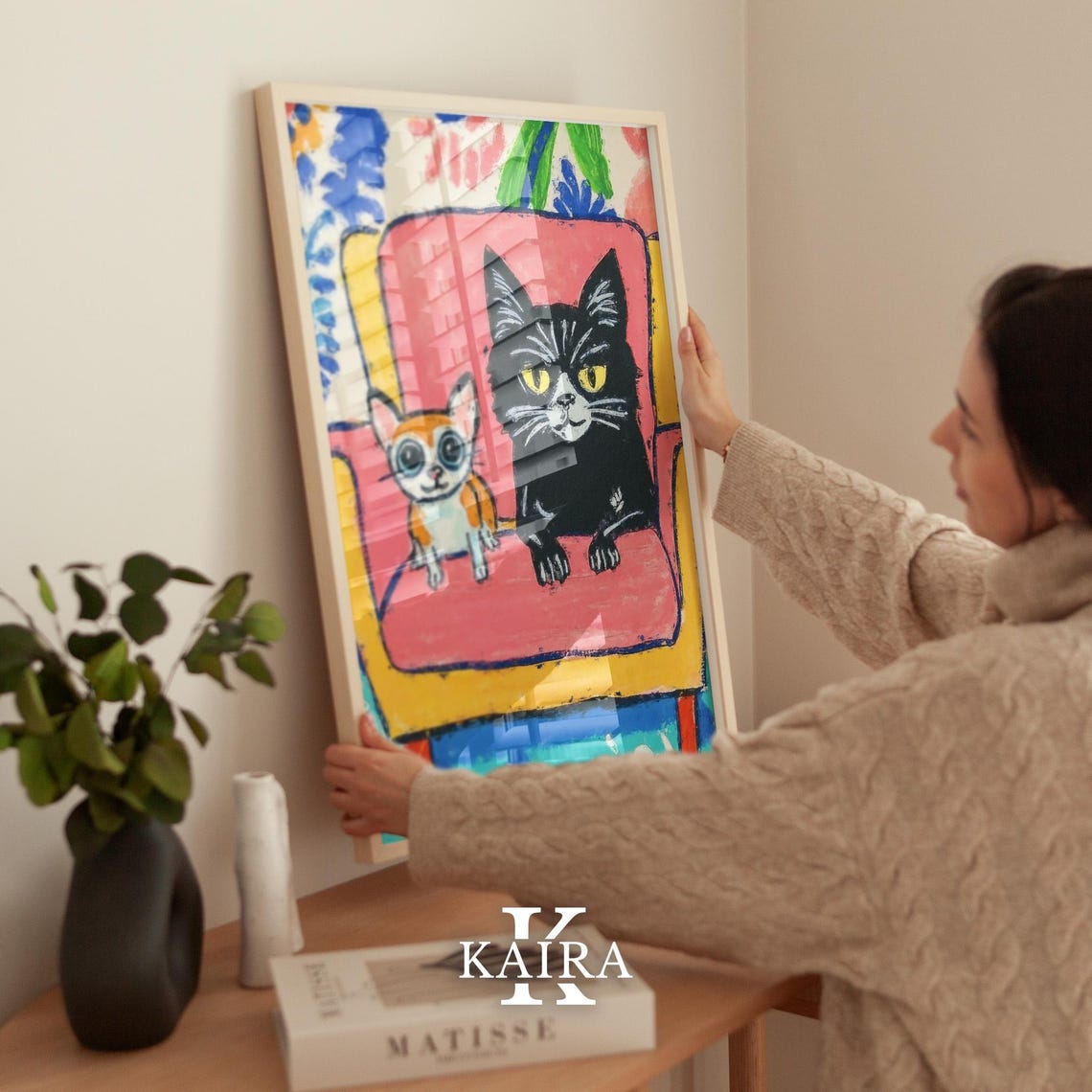 Black Cat and Chihuahua Sharing a Pink Couch Whimsical Poster - Image 2