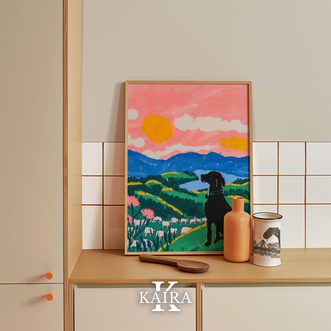 Black Dog Silhouette Watching A Pink Sunset Over Green Hills Poster - Image 5