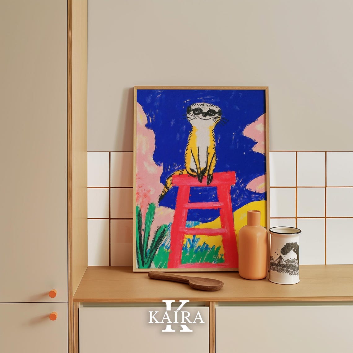 Curious Meerkat Standing Tall and Proud on a Bright Red Stool Poster - Image 5