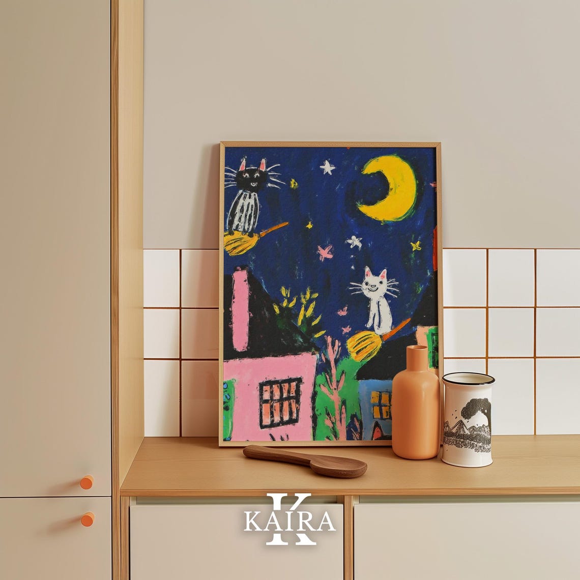 Two Playful Witch Cats Flying Over Houses on a Starry Night Poster - Image 5