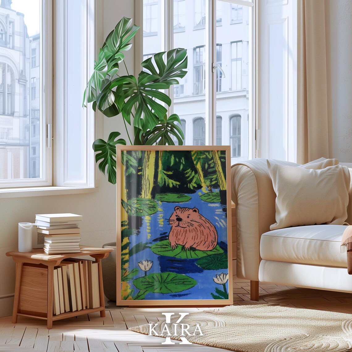 Chubby Pink Beaver Resting On A Lily Pad In A Forest Pond Poster - Image 4