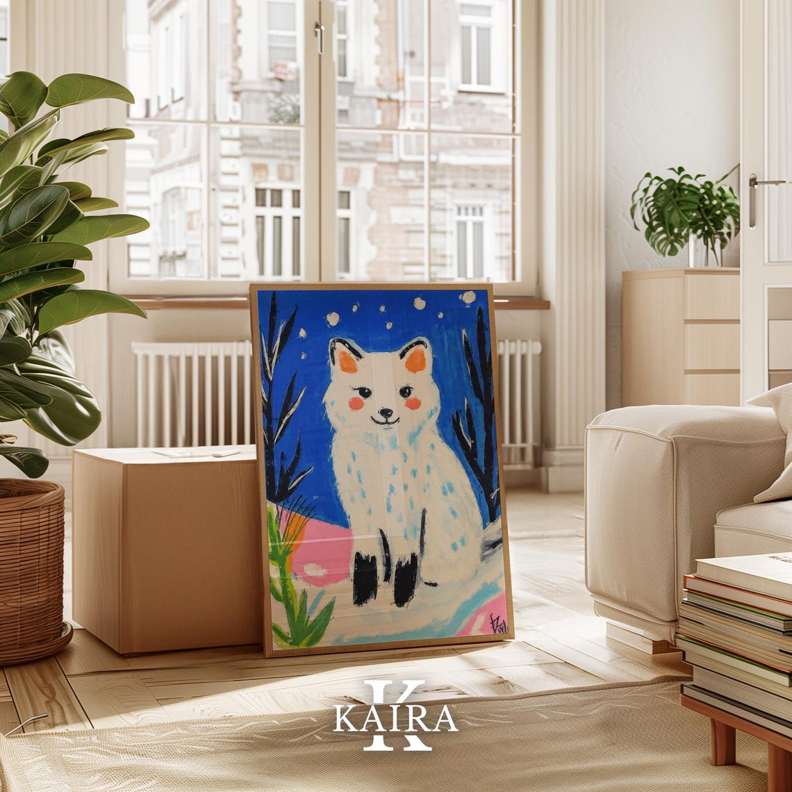 Cute White Arctic Fox Under a Deep Starry Snowy Night Sky Poster - Image 3