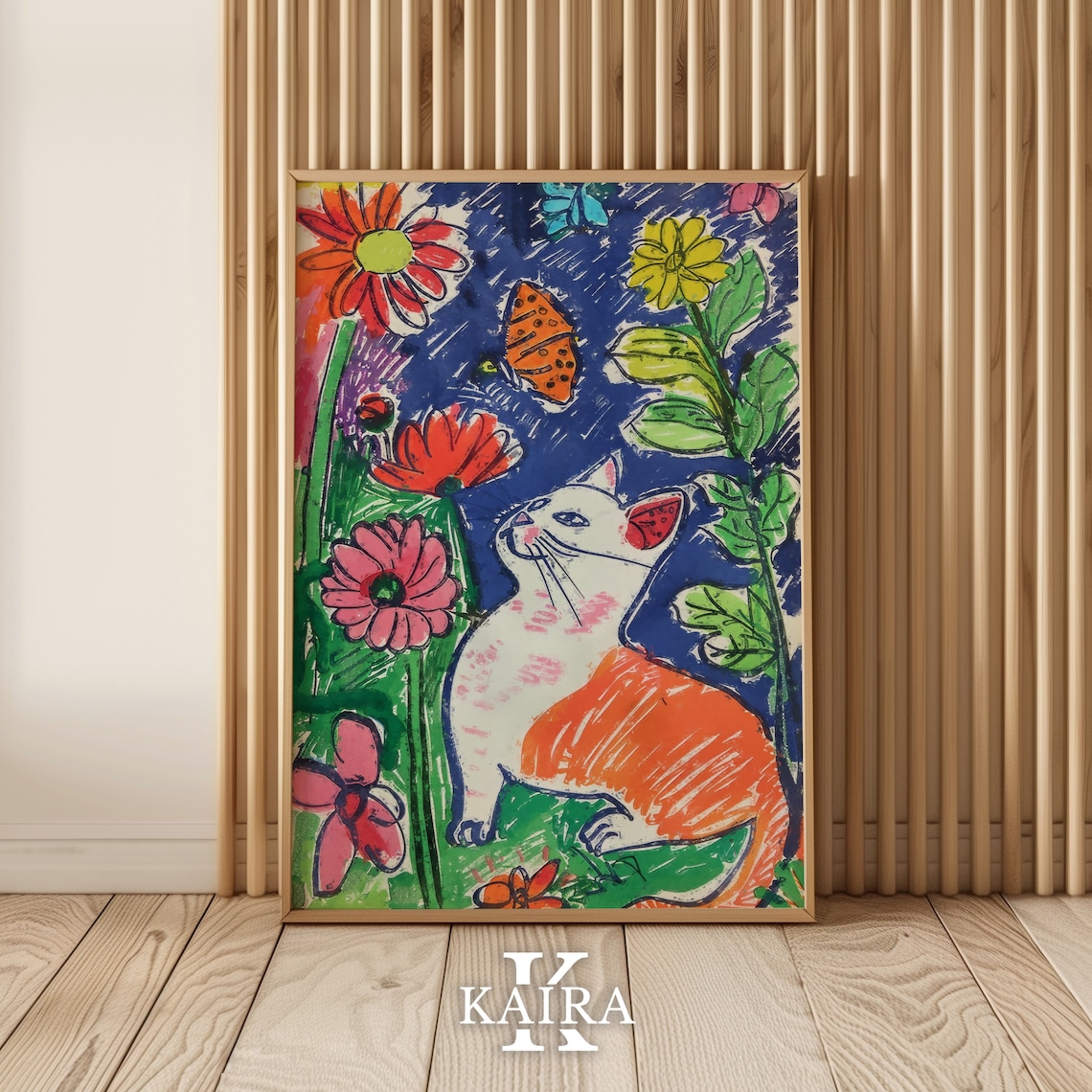 White Cat Among Pink Flowers And Butterflies Garden Cat Poster - Image 2