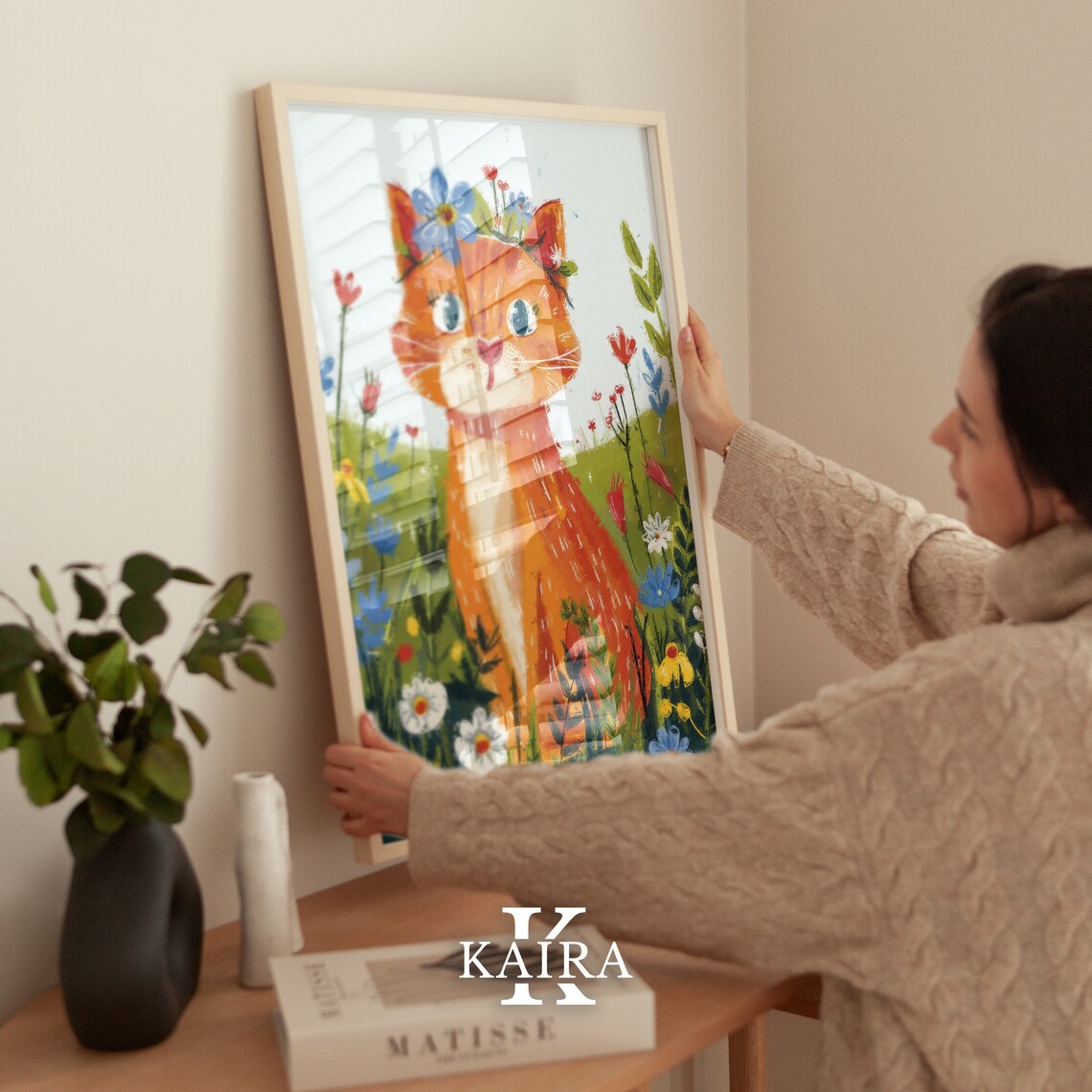 Whimsical Orange Tabby Cat With Flower Crown in Wildflower Field Poster - Image 3
