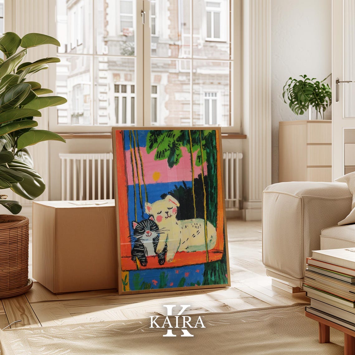 Cuddling Cat and Puppy on a Swing at a Seaside Sunset Poster - Image 3