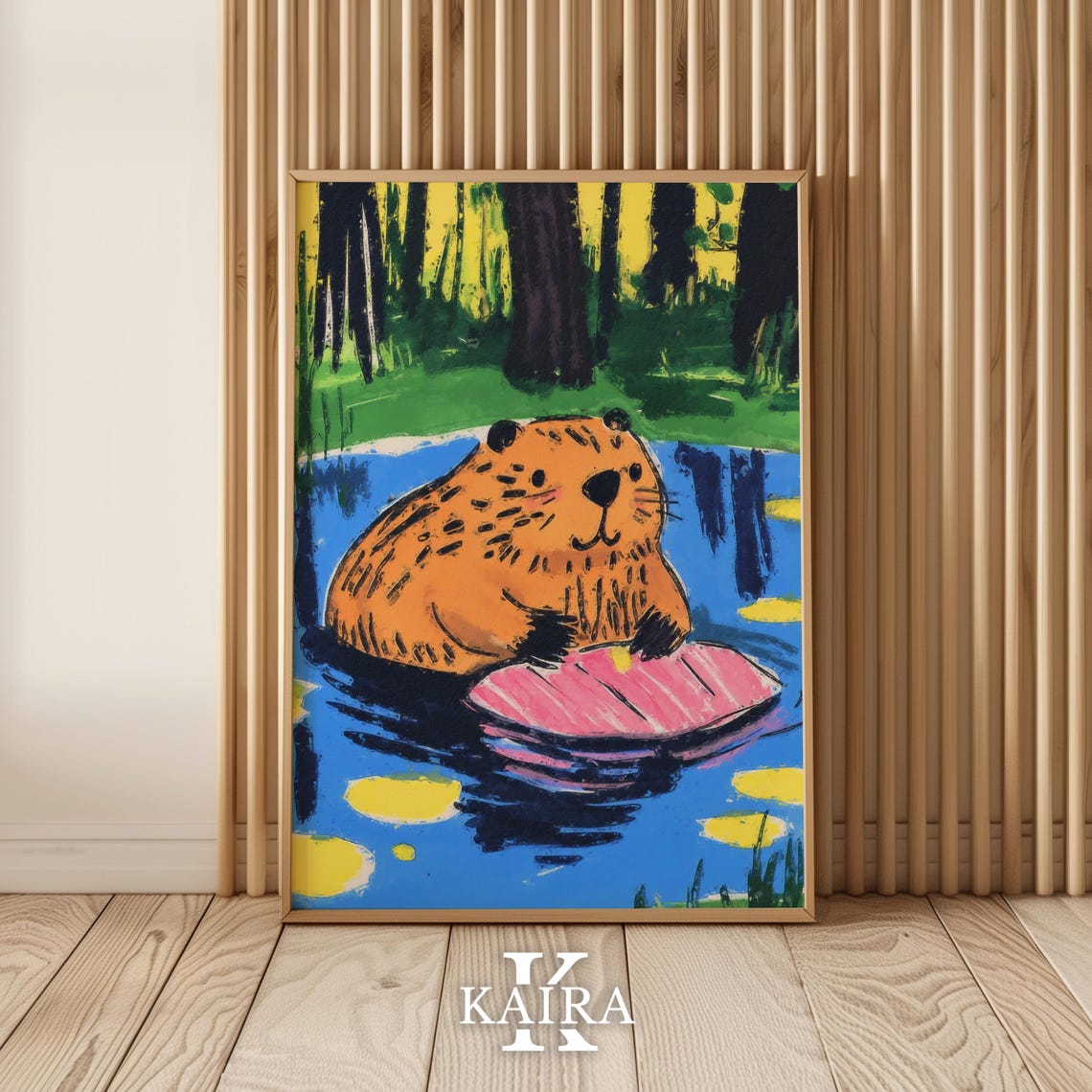 Orange Beaver Floating On A Pink Lily Pad In Blue Water Poster - Image 5