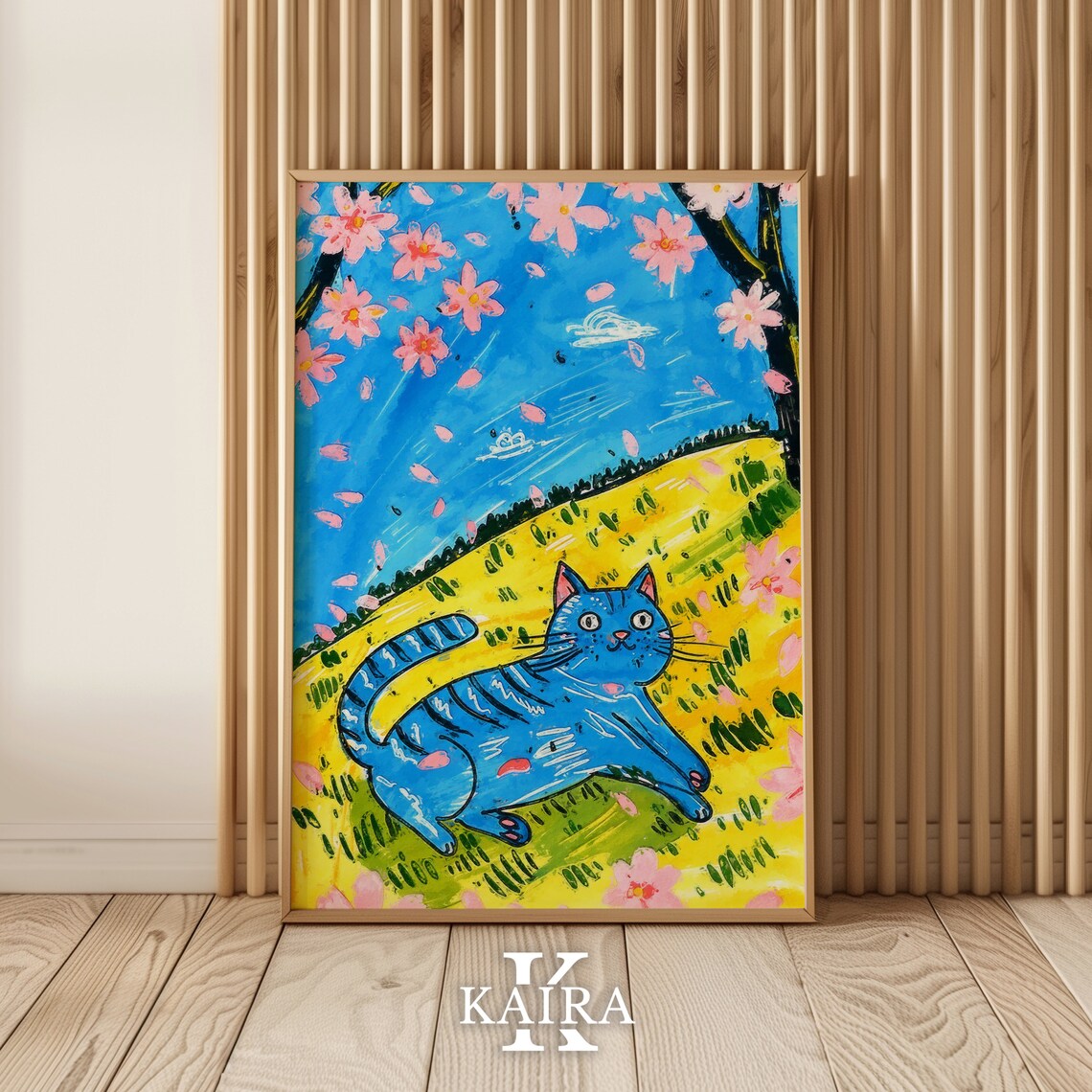 Bold Blue Cat Stretching Beneath Cherry Blossoms on a Sunny Hill Poster - Image 2