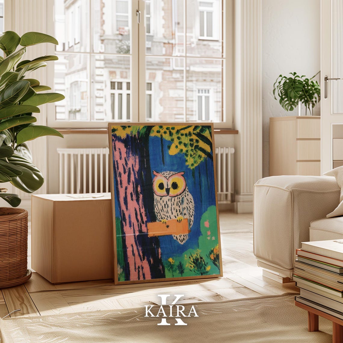 White Owl Perched On A Wooden Sign In A Colorful Forest Poster - Image 3