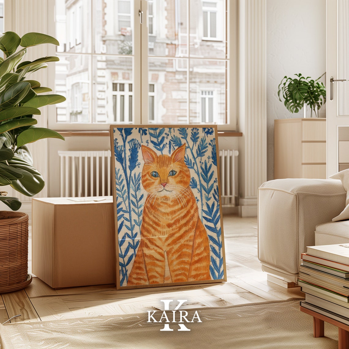 Ginger Tabby Cat Portrait With Blue Leaves Botanical Cat Poster - Image 2