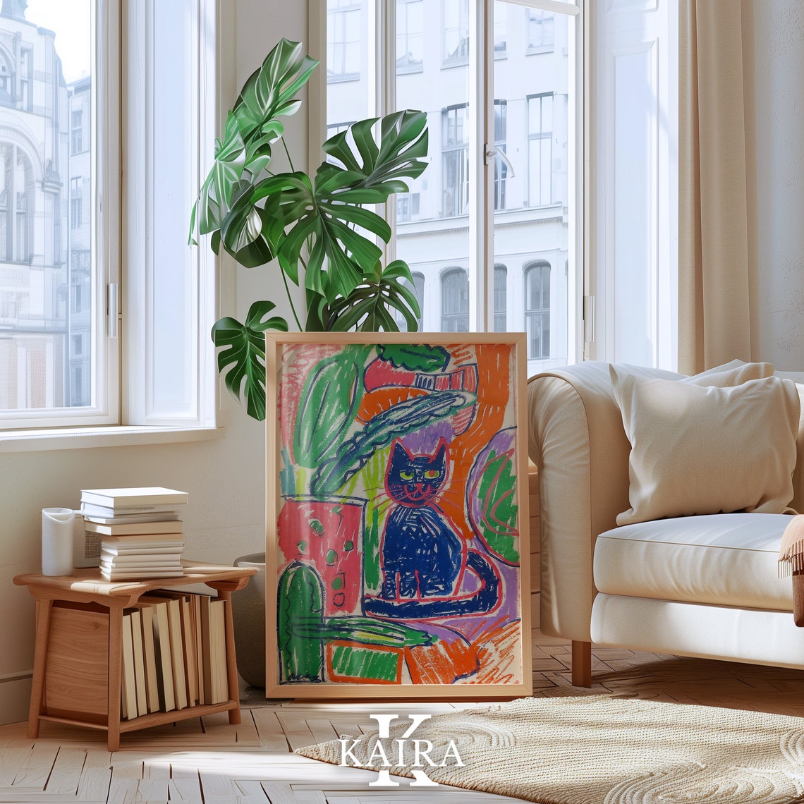 Dark Blue Cat Among Tropical Plants Colorful Abstract Poster - Image 3