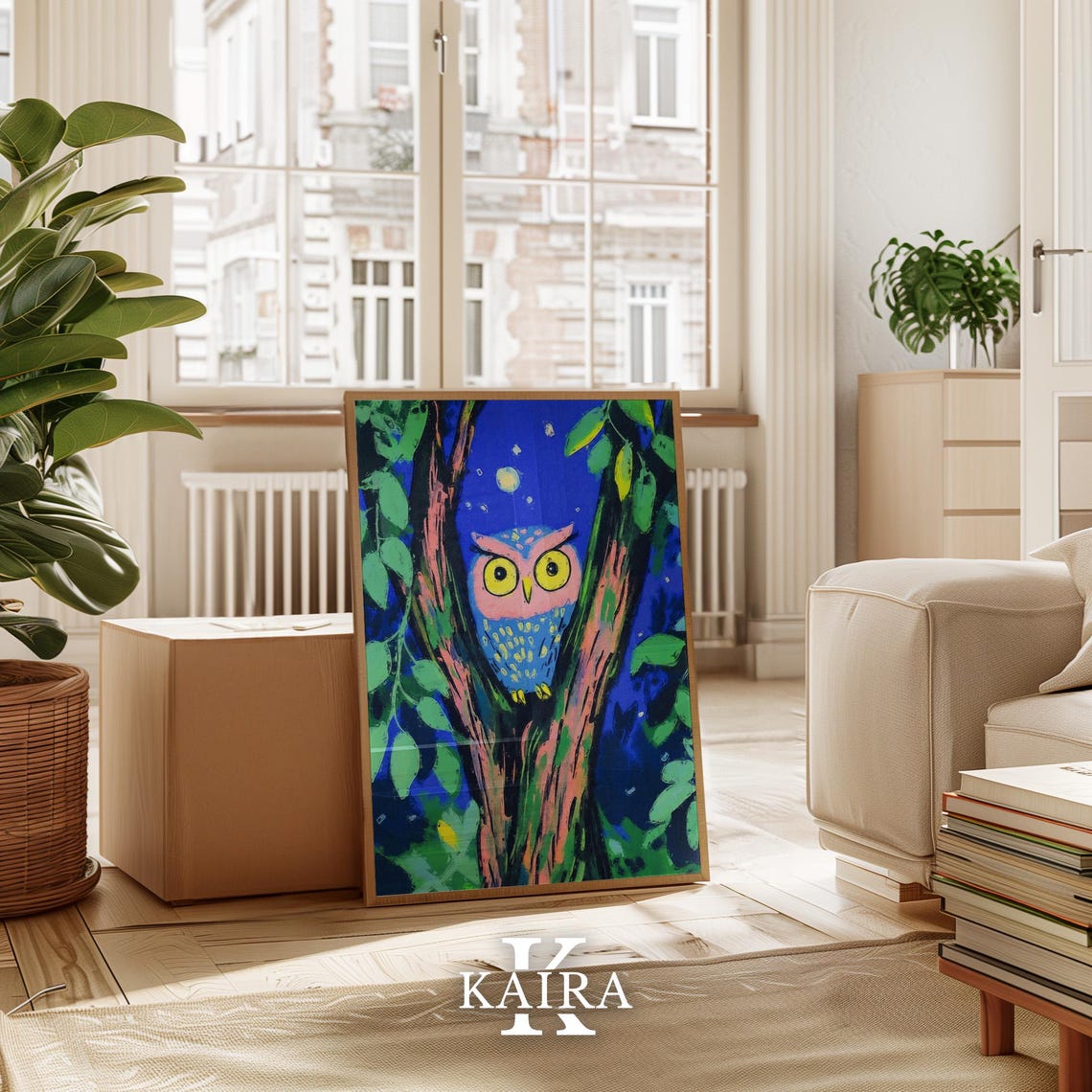 Colorful Owl Perched in a Leafy Tree Under the Night Moon Poster - Image 3