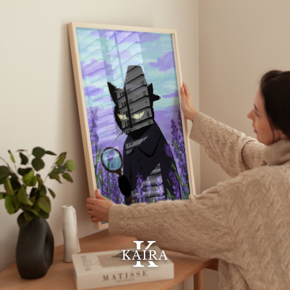 Black Detective Cat With Magnifying Glass In Lavender Field Poster - Image 5