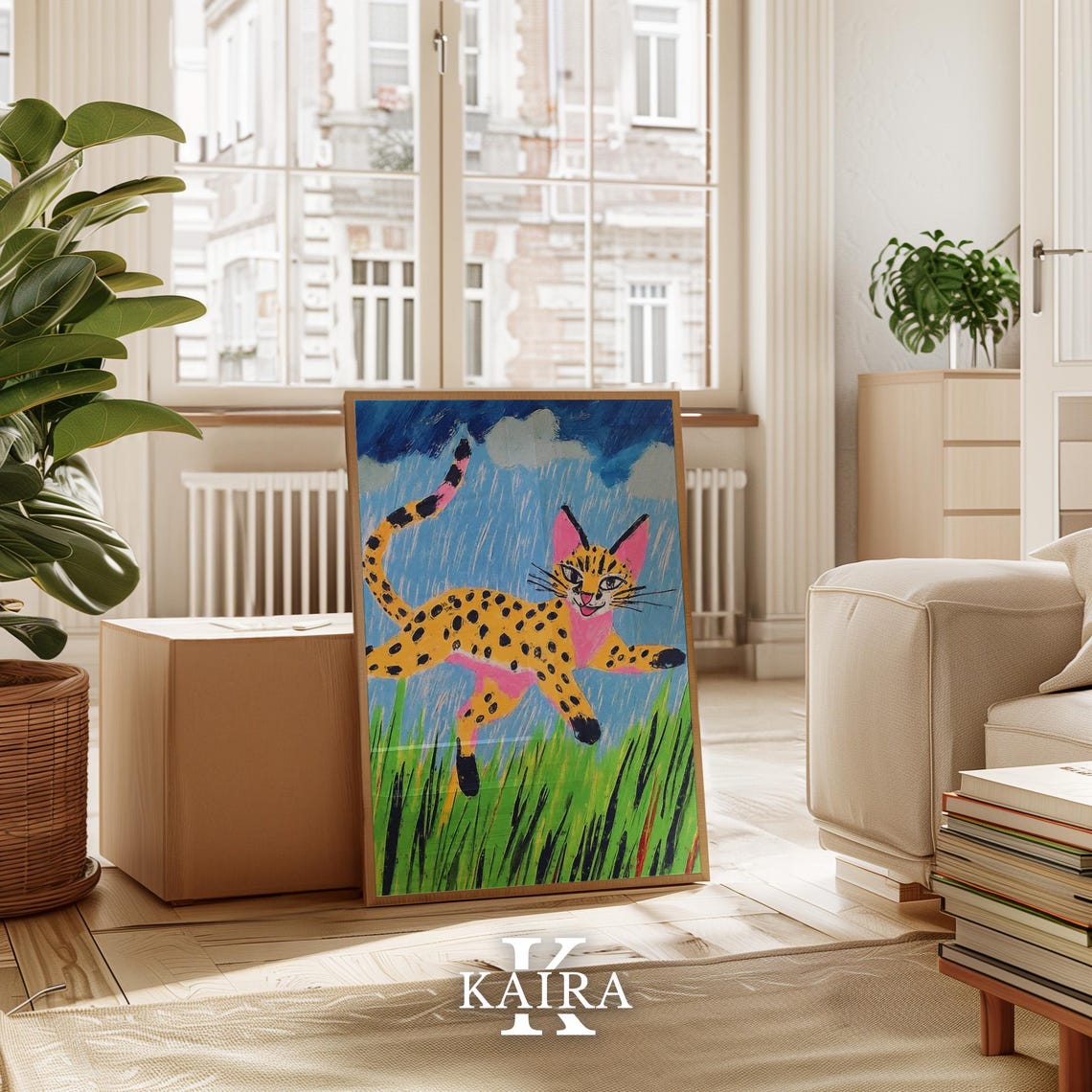 Spotted Wild Cat Leaping Through the Rain Over Tall Grass Poster - Image 3