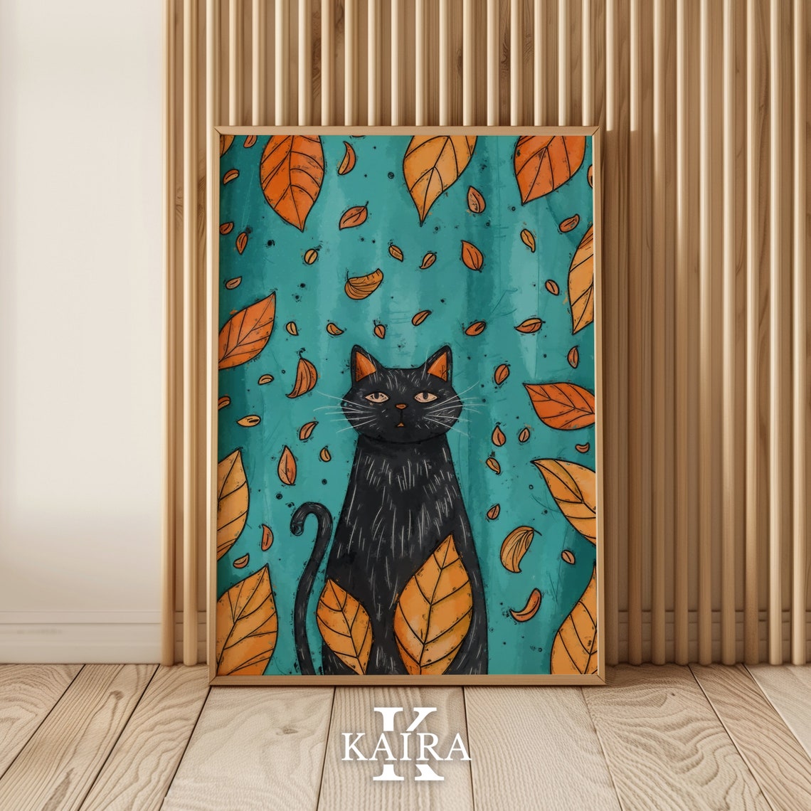 Black Cat With Falling Autumn Leaves Teal Fall Season Cat Poster - Image 2
