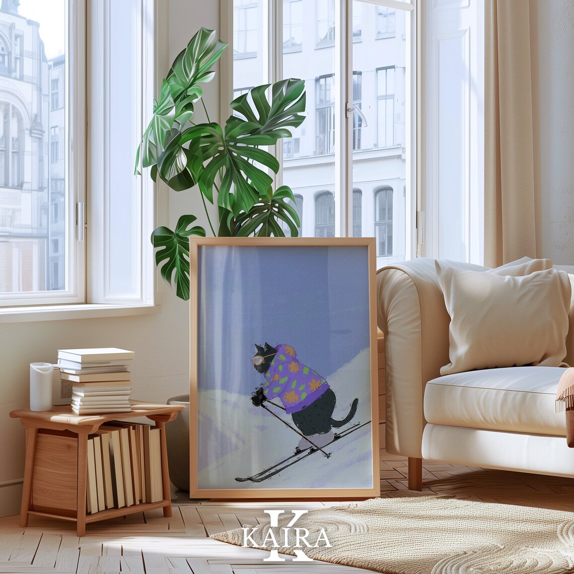 Black Cat Skiing Downhill In Purple Floral Jacket Winter Sports Art Poster - Image 5