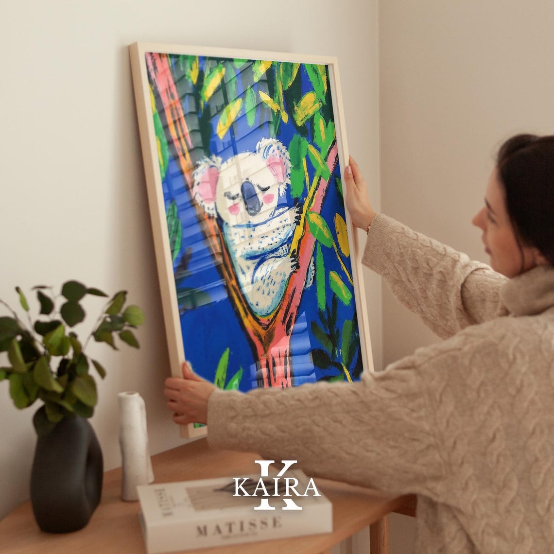 Sleepy White Koala Dozing in a Pink Tree Fork Among Leaves Poster - Image 2