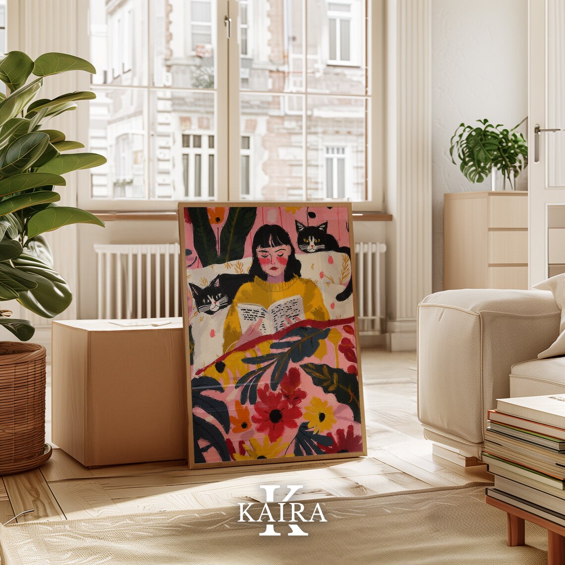 Cozy Woman Reading In Bed With Two Cats Floral Bedroom Art Poster - Image 3