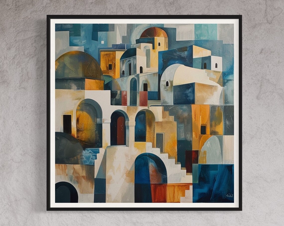 Santorini Domes Mediterranean Abstract Travel Poster