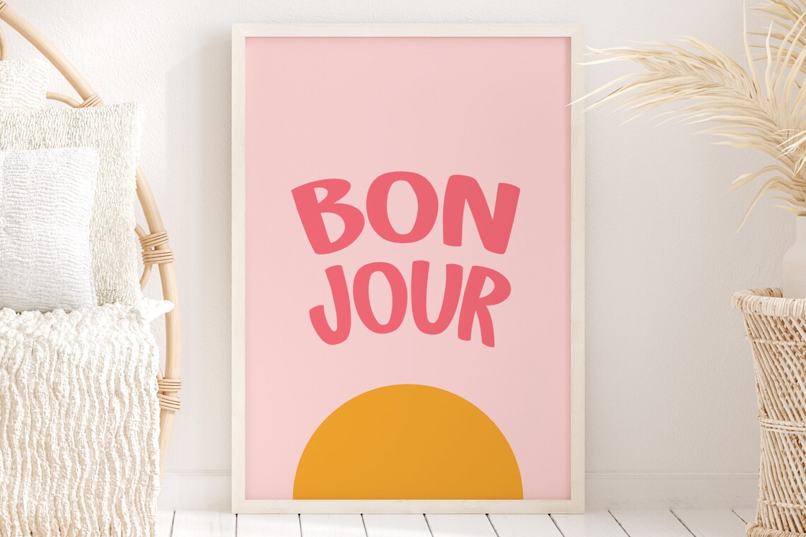 Bonjour Print, Pink Abstract Art Poster