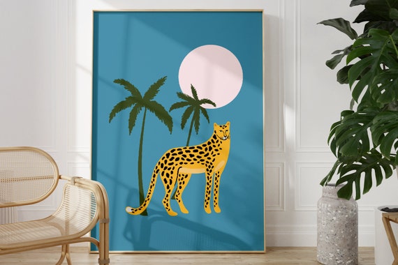 Blue Leopard Palm Tree Print Unframed Tropical Jungle Animal Illustration Art Print Boho Moon Wall Art