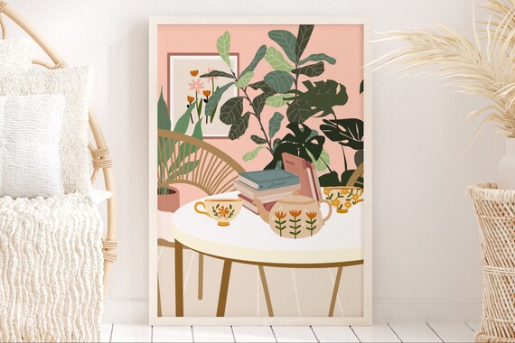 Boho Cafe Plants And Books Art Print, Flower Teapot