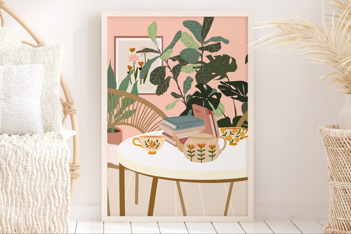 Boho Cafe Plants And Books Art Print, Flower Teapot