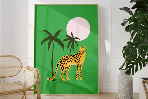 Leopard Green Jungle Wall Art Print Unframed Tropical Boho Palm Tree Botanical Animal Illustration Decor