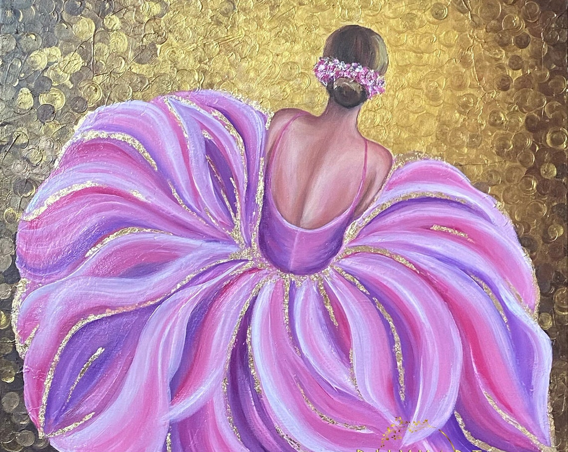 Pink Ballerina Oil Painting Original Pink And Gold Ballerina Wall Art Modern Dress Painting Girly Art Sitting Ballerina Painting On