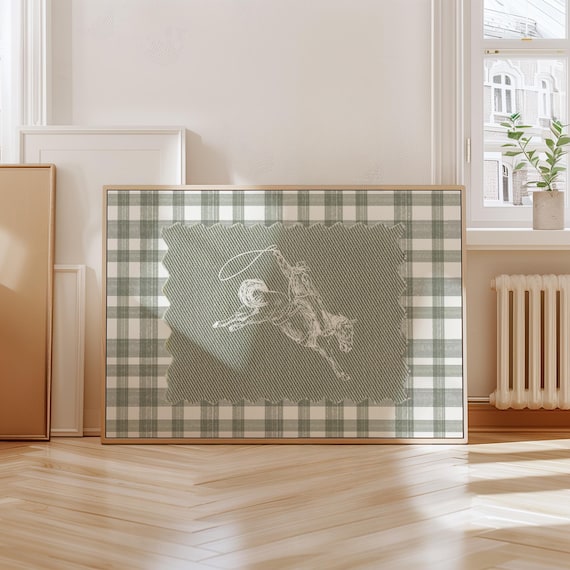 Vintage Striped Cowboy Rodeo Print Sage Green Gingham Plaid Western Decor For Nursery Bedroom Or Living Room