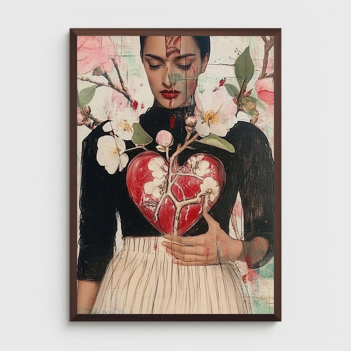 Anatomical Heart Cherry Blossom Woman Surreal Collage Poster