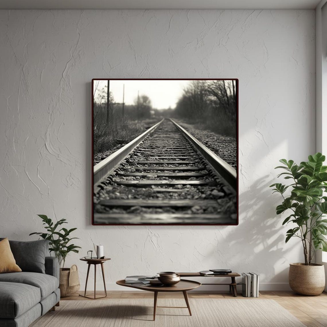 Black and White Train Tracks Vanishing Point Railway Photo Poster - Image 3