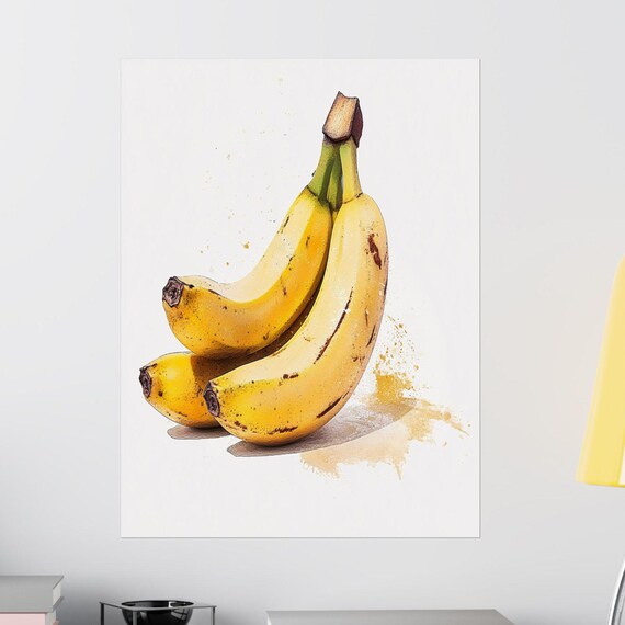 Vibrant Yellow Banana Art Print Watercolor Banana Illustration Kitchen Wall Decor Fresh Fruit Poster Modern Art