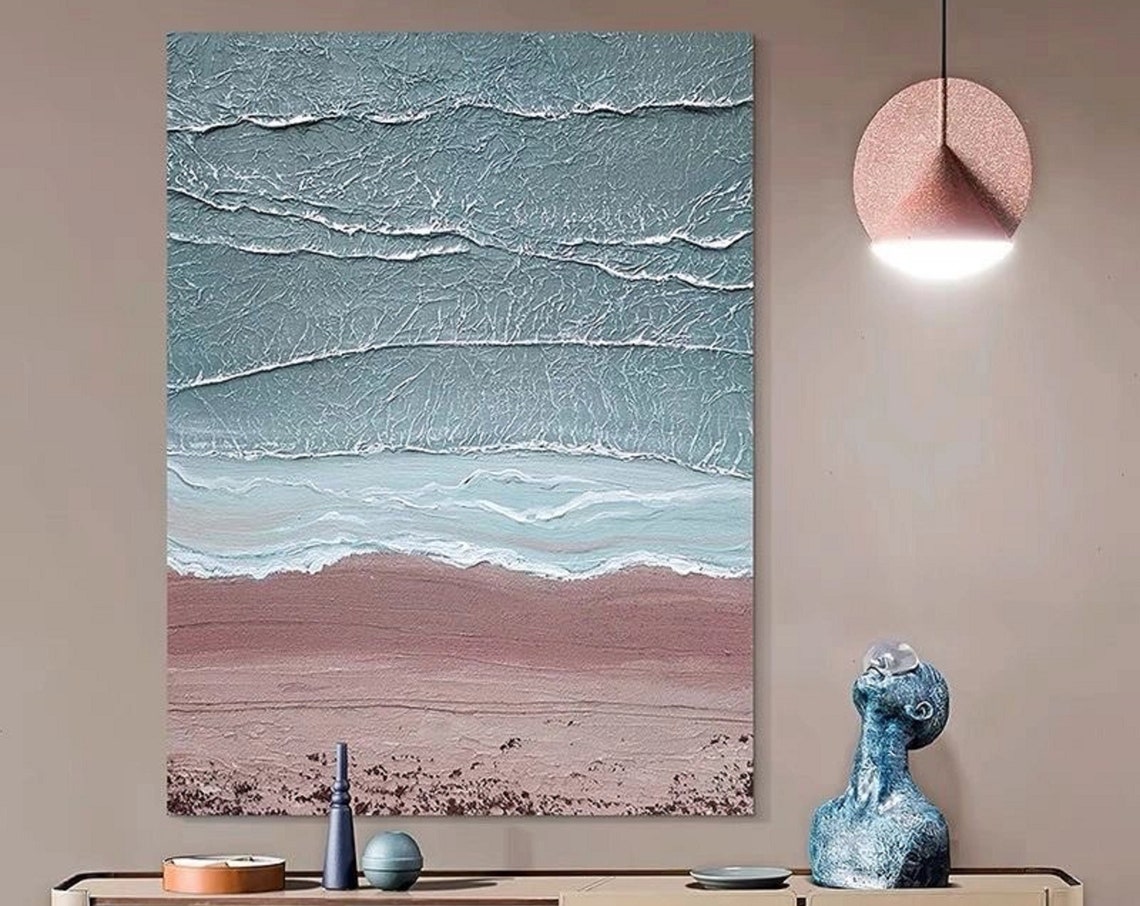 Textured Ocean Waves Over Rose Tinted Sand Coastal Art Poster