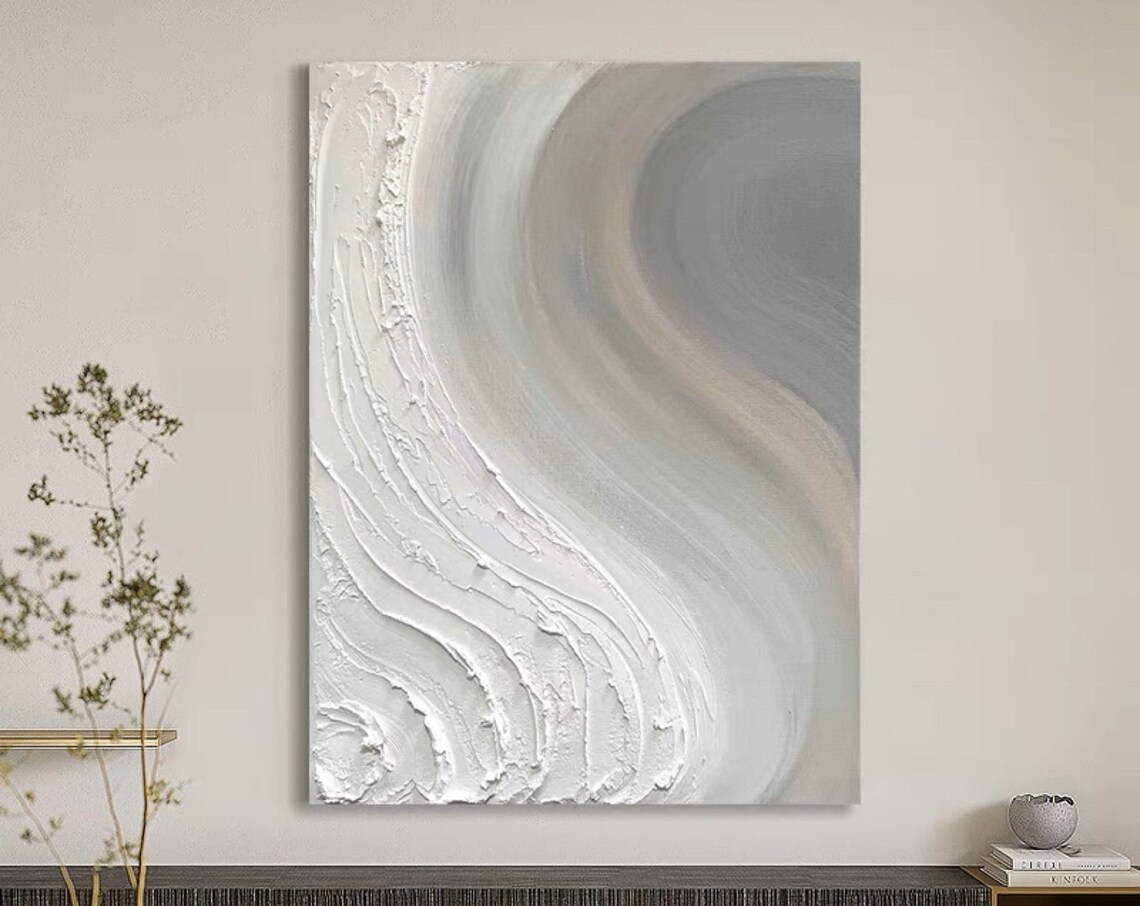 Gray And White Abstract Painting On White 3d Textured Wall Art Grey White Minimalist Painting Grey White Abstract Wall Art