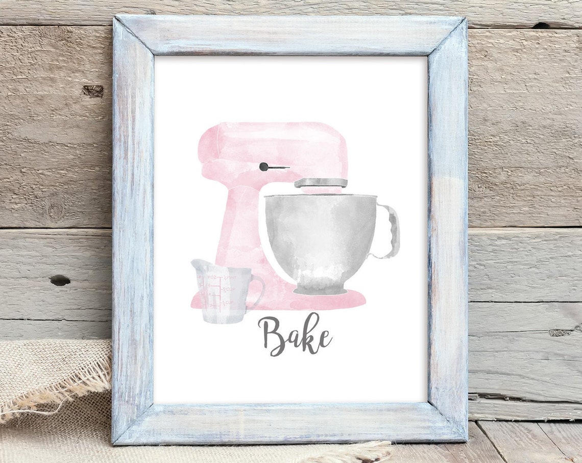 Pink Watercolor Stand Mixer Bake Script Kitchen Baking Poster