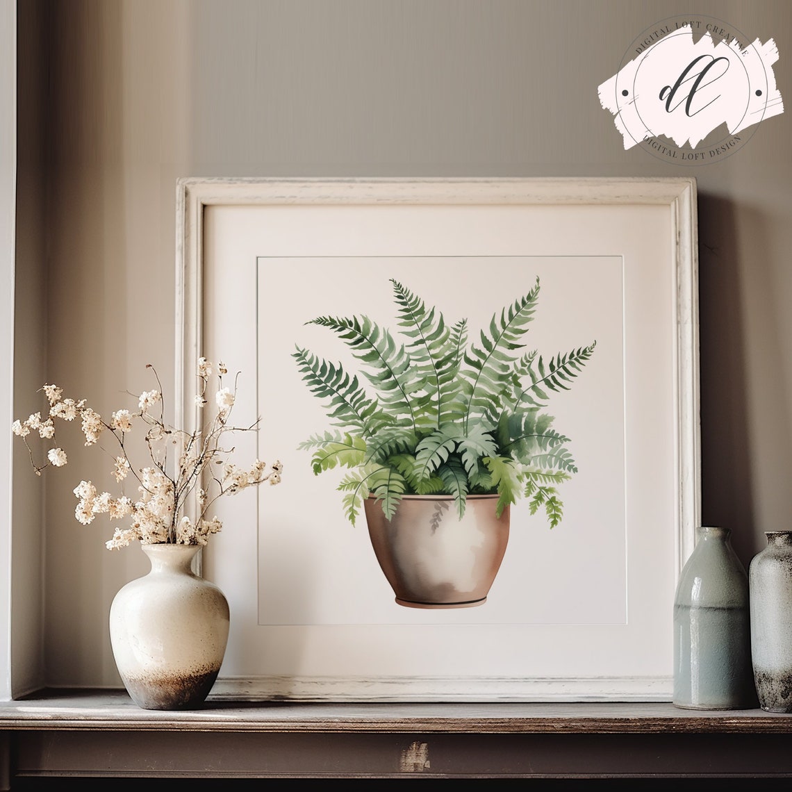Fern Watercolor Terracotta Pot Greenery Botanical Decor Wall Art